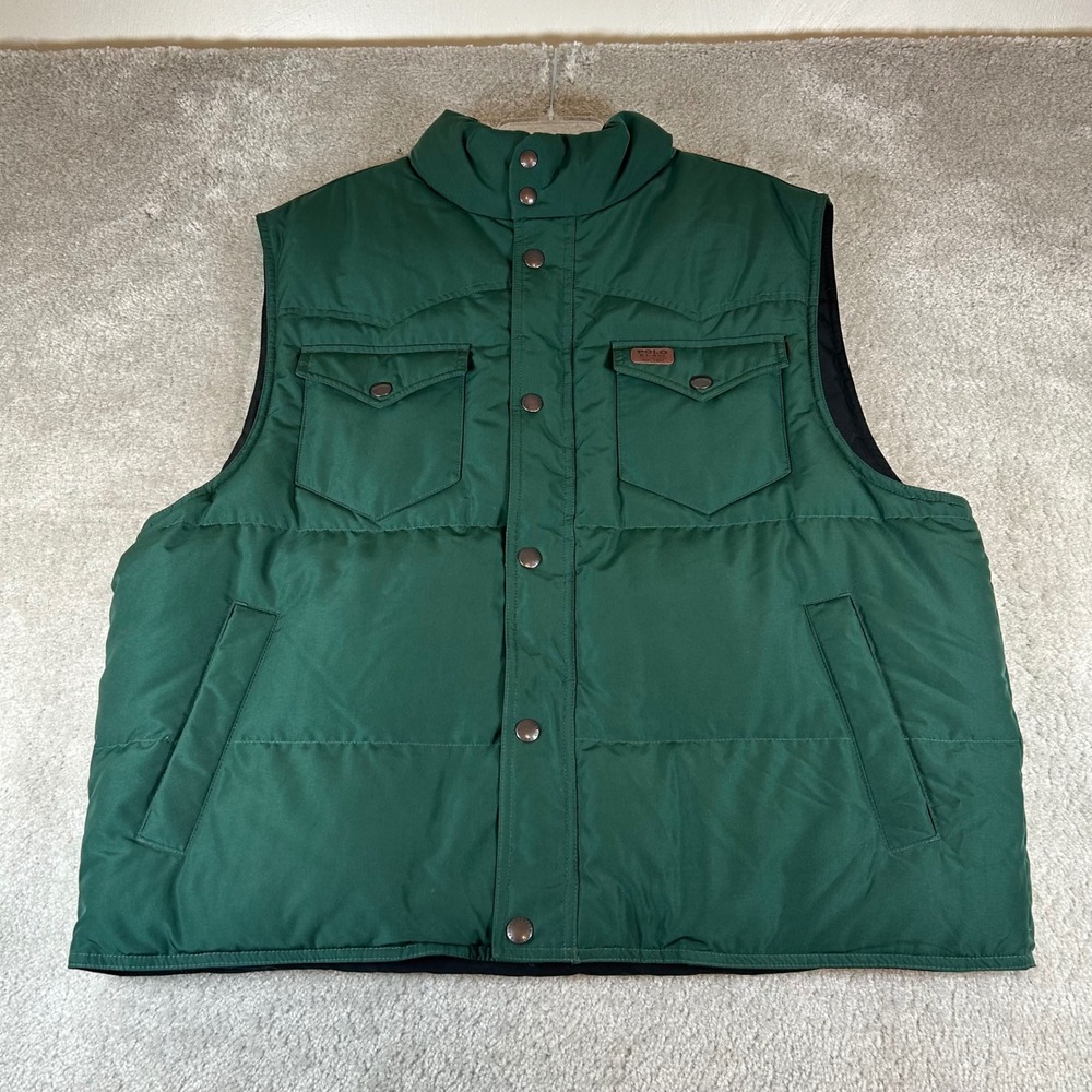 Polo Ralph Lauren Puffer Vest Mens XXL Green Black Reversible Down Western Yoke